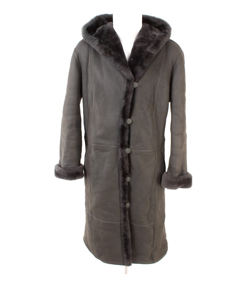 Andrè Löffler Damen Mantel Shearling Kapuze Gr. ca. XL Grau Lammfell Echtleder – Foto 1