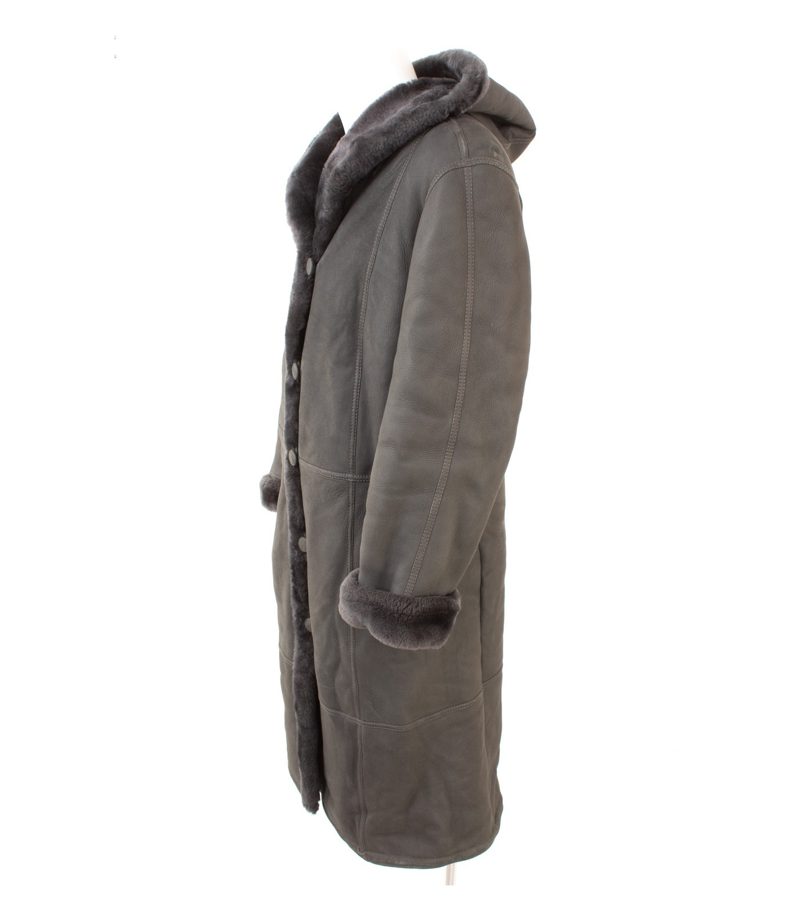 Andrè Löffler Damen Mantel Shearling Kapuze Gr. ca. XL Grau Lammfell Echtleder – Foto 3