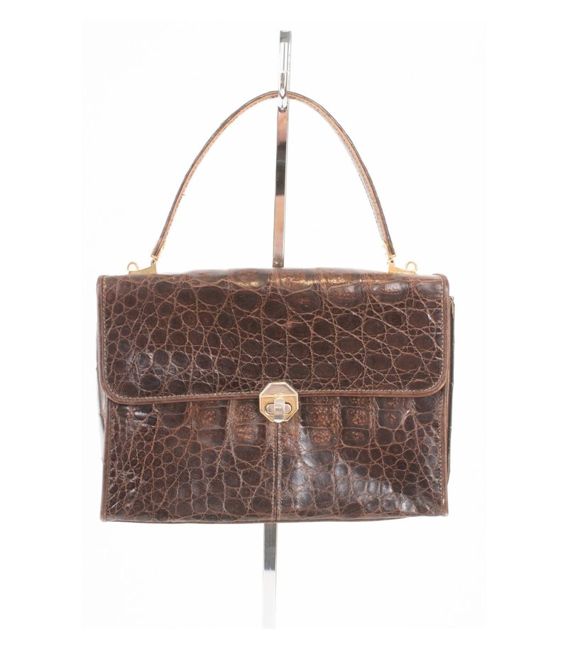Vintage Damen Handtasche Echt Geprägt Glänzend Edle Klassik Braun Leder – Foto 1