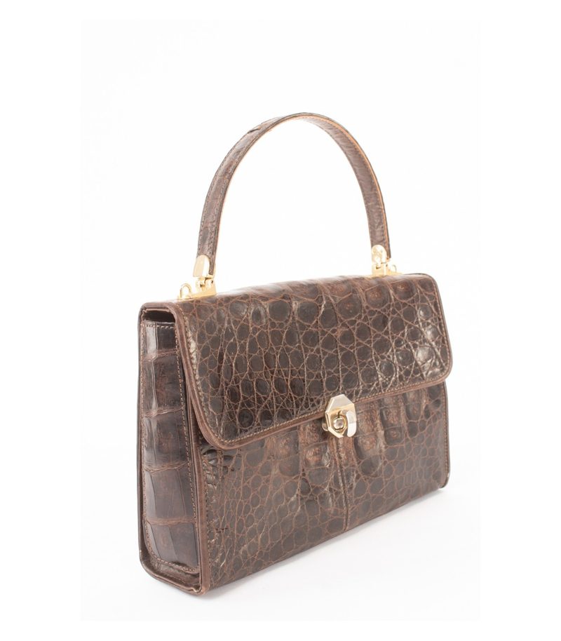 Vintage Damen Handtasche Echt Geprägt Glänzend Edle Klassik Braun Leder – Foto 3