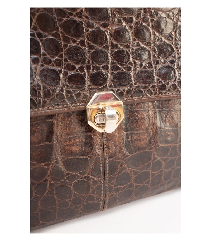 Vintage Damen Handtasche Echt Geprägt Glänzend Edle Klassik Braun Leder – Foto 4