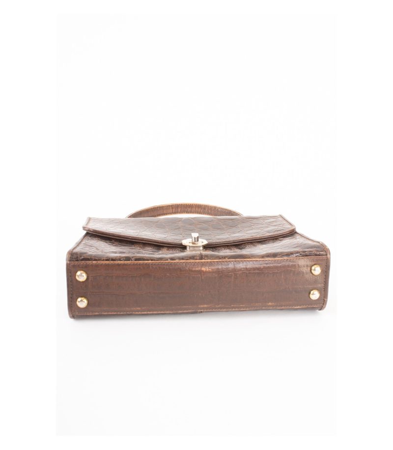 Vintage Damen Handtasche Echt Geprägt Glänzend Edle Klassik Braun Leder – Foto 7