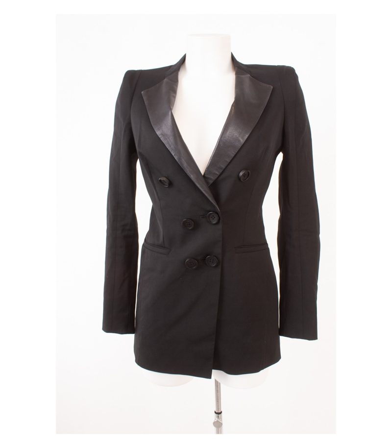 Schumacher Damen Blazer Gr.3 M Revers Schwarz Leder Wolle – Foto 1