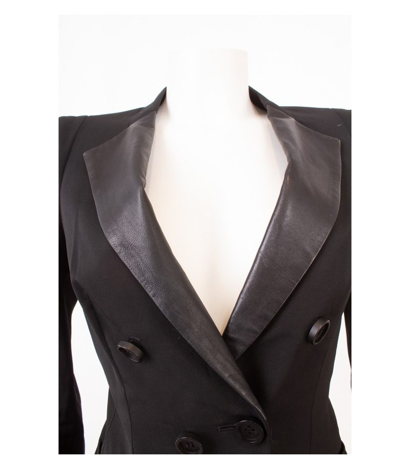 Schumacher Damen Blazer Gr.3 M Revers Schwarz Leder Wolle – Foto 5