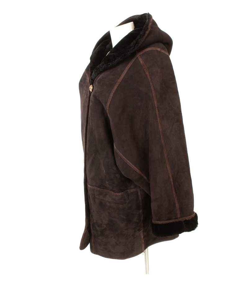 STRIWA Damen Lammfellmantel Innenfell warm Gr. XL Dunkelbraun Kapuze Echtleder – Foto 3