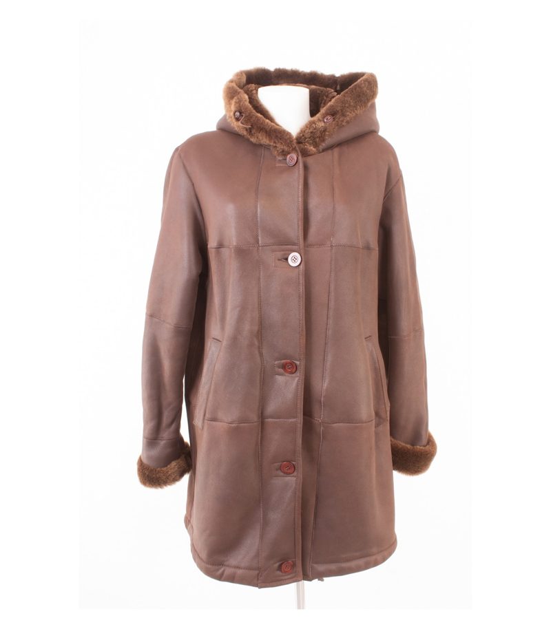 LAURA CASWELL Damen Mantel Lammnappa 40 Winterjacke Kapuze Braun Lammfell – Foto 1