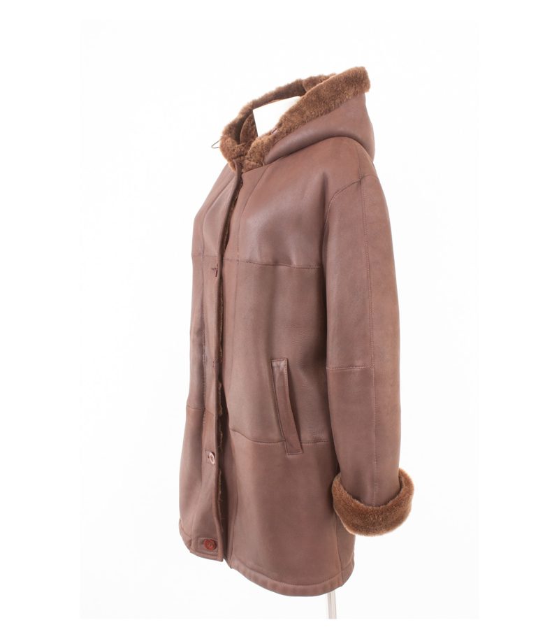 LAURA CASWELL Damen Mantel Lammnappa 40 Winterjacke Kapuze Braun Lammfell – Foto 3