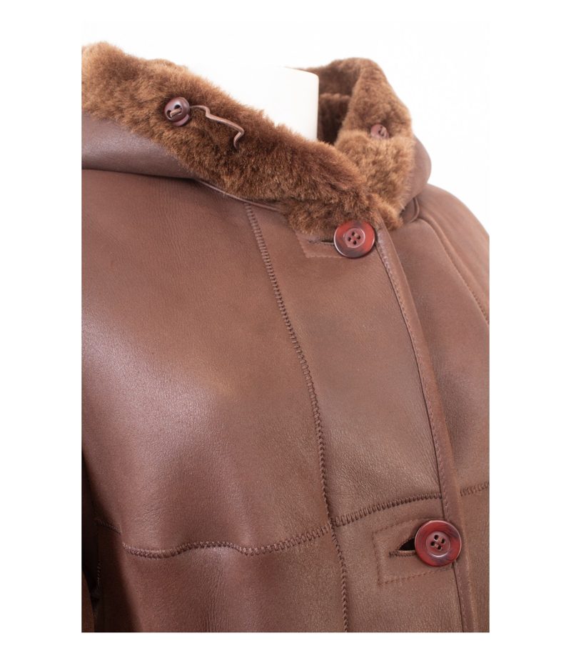 LAURA CASWELL Damen Mantel Lammnappa 40 Winterjacke Kapuze Braun Lammfell – Foto 5