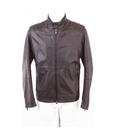 HUGO BOSS Herren Lederjacke Lammleder Gr. 48 Biker Stehkragen Schwarz