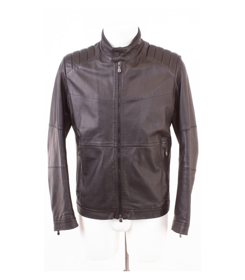 HUGO BOSS Herren Lederjacke Lammleder Gr. 48 Biker Stehkragen Schwarz – Foto 1