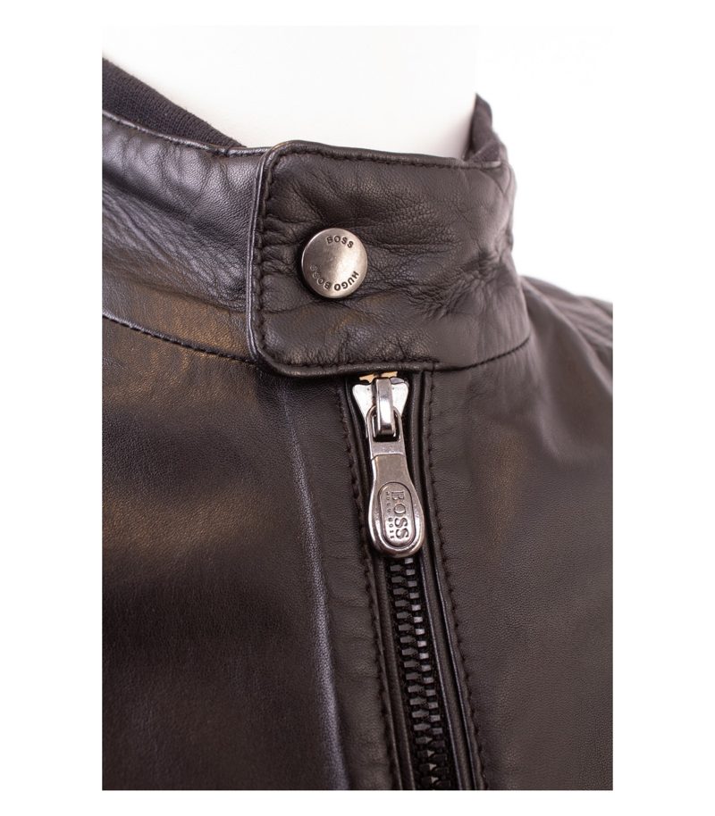 HUGO BOSS Herren Lederjacke Lammleder Gr. 48 Biker Stehkragen Schwarz – Foto 7