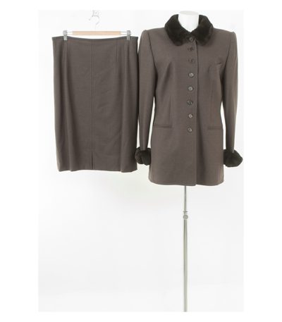 Rena Lange Damen Kostüm Blazer Rock Teflon Business Gr. 46 Braun Wolle Pelz