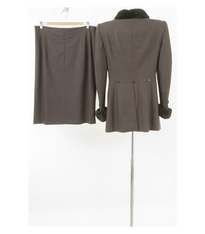 Rena Lange Damen Kostüm Blazer Rock Teflon Business Gr. 46 Braun Wolle Pelz – Foto 2