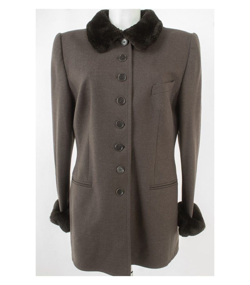 Rena Lange Damen Kostüm Blazer Rock Teflon Business Gr. 46 Braun Wolle Pelz – Foto 3