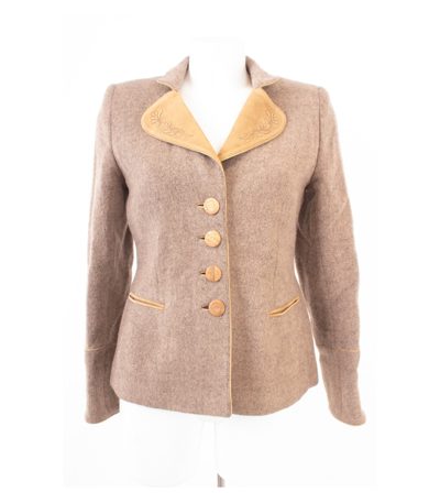 Zeiler Damen Jacke Trachtenjacke Lederbesatz Stickerei Gr. DE 38 Beige Wolle