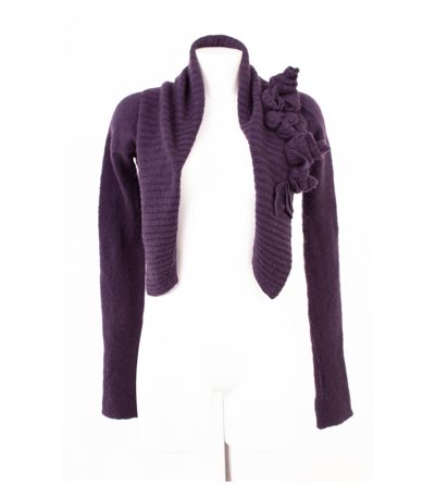 Stefanel Damen Strickjacke Bolero Blumen Applikation Kurz Gr. M Lila Mohair