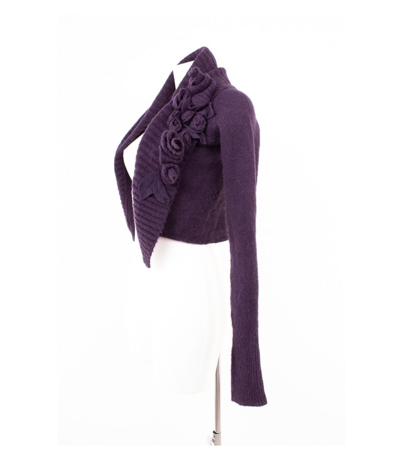 Stefanel Damen Strickjacke Bolero Blumen Applikation Kurz Gr. M Lila Mohair – Foto 3