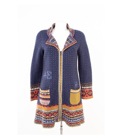 IVKO Damen Strickjacke Longjacke Muster Reißverschluss Gr. 38 Marineblau Wolle