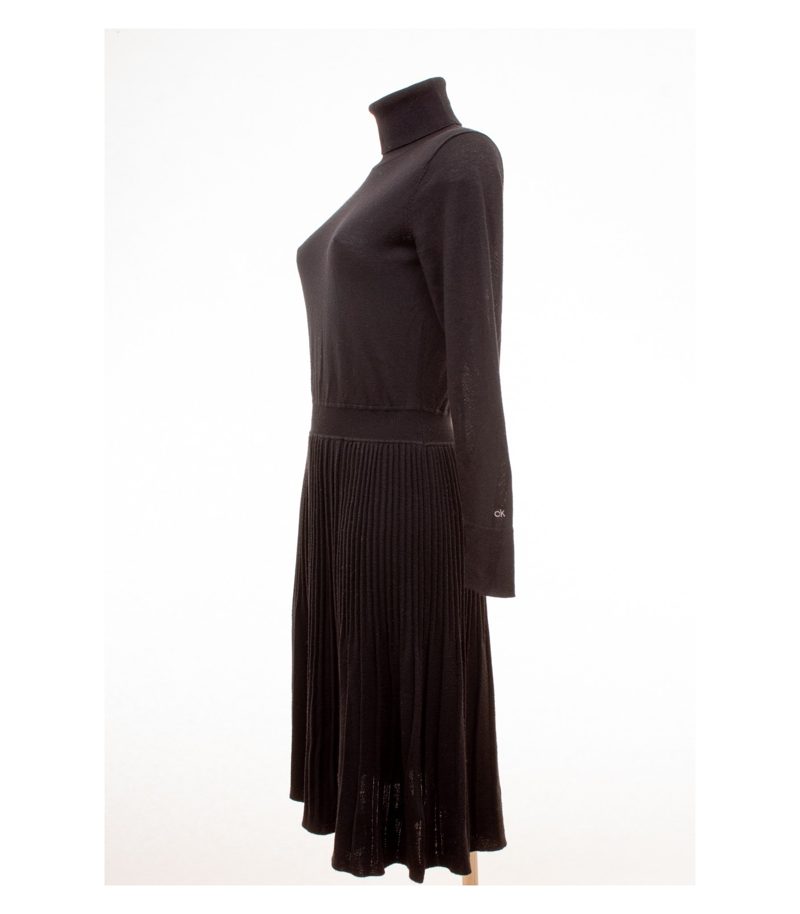 Calvin Klein Damen Kleid Strickkleid Plissiert Gr. S Schwarz Wolle – Foto 3