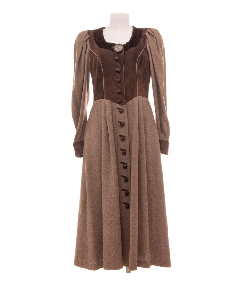 Meindl Damen Kleid Trachtenkleid Hirschknopf Gr. 38 Braun Seide Wolle Leder – Foto 1