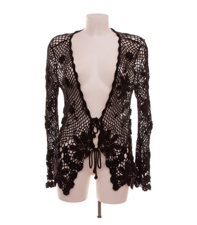NICOWA Damen Strickjacke Blumen Bindverschluss Trompetenärmel Gr. 36 Schwarz