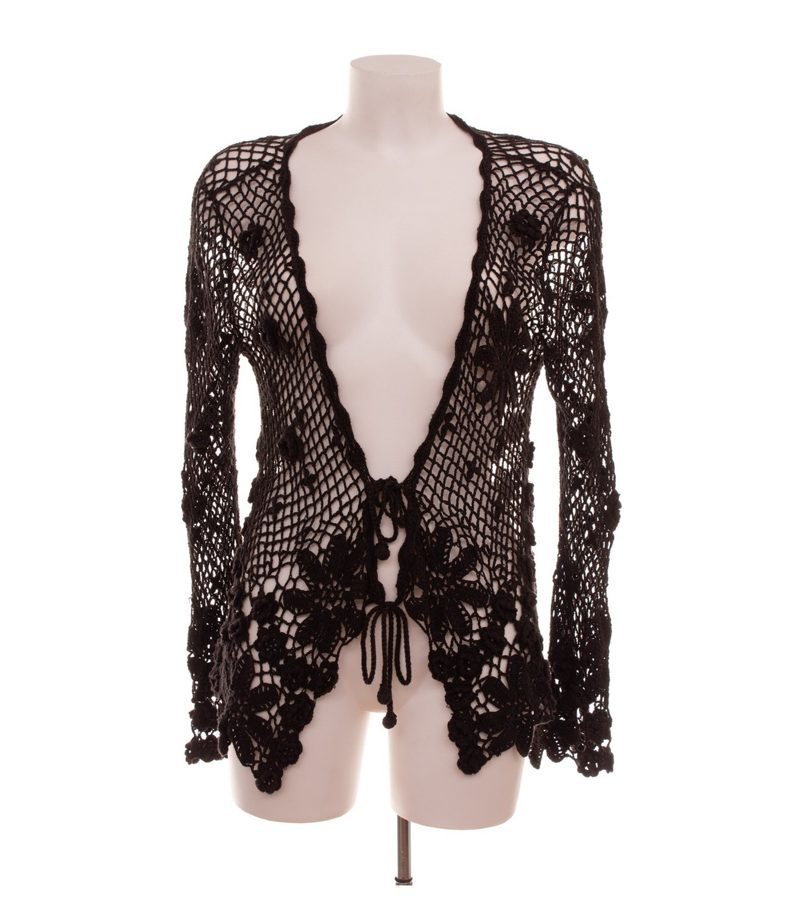 NICOWA Damen Strickjacke Blumen Bindverschluss Trompetenärmel Gr. 36 Schwarz – Foto 1