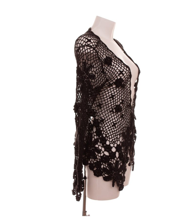 NICOWA Damen Strickjacke Blumen Bindverschluss Trompetenärmel Gr. 36 Schwarz – Foto 2