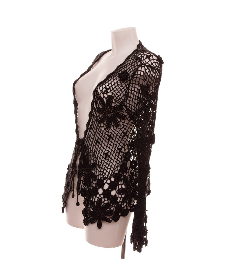 NICOWA Damen Strickjacke Blumen Bindverschluss Trompetenärmel Gr. 36 Schwarz – Foto 3
