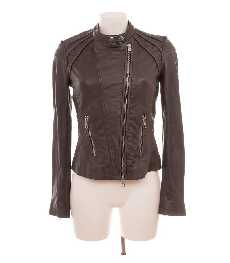 Set Damen Lederjacke Bikerjacke Gr. 36 Leder Grau Stehkragen – Foto 1