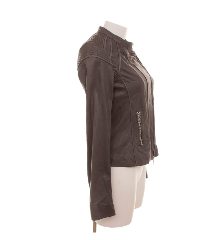 Set Damen Lederjacke Bikerjacke Gr. 36 Leder Grau Stehkragen – Foto 2