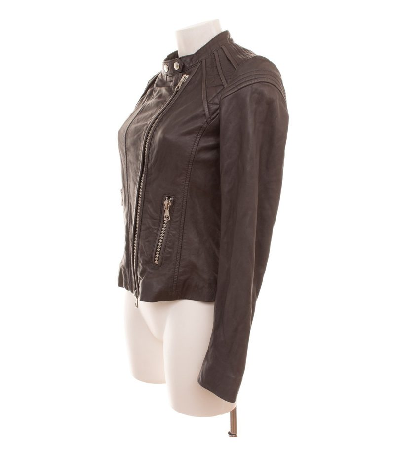Set Damen Lederjacke Bikerjacke Gr. 36 Leder Grau Stehkragen – Foto 3