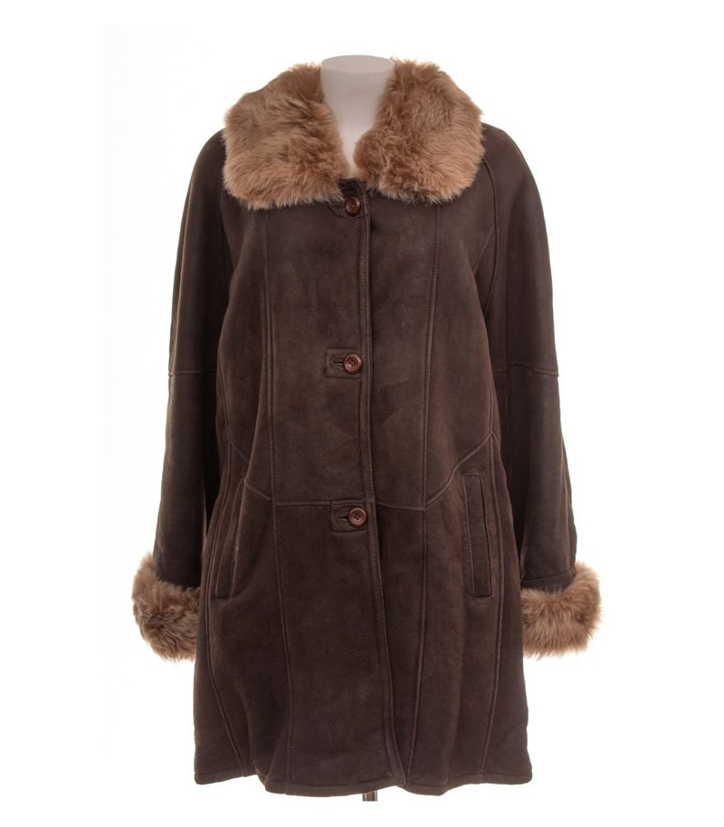 MADELEINE Damen Mantel Lammfellmantel Gr. 42 Leder Braun Einreiher – Foto 1