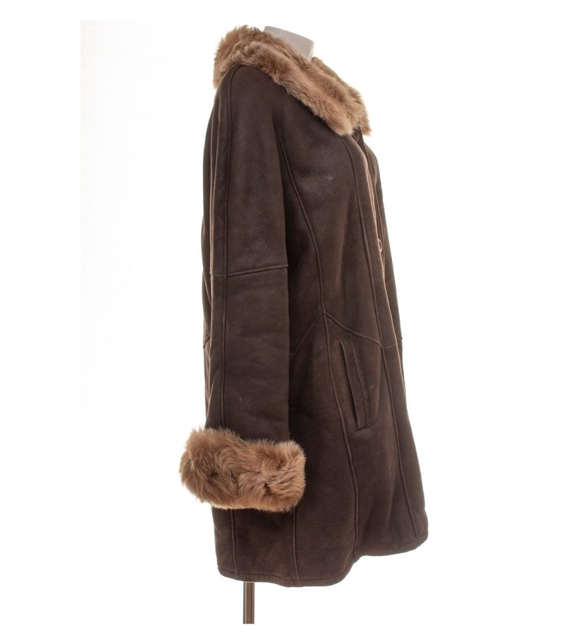 MADELEINE Damen Mantel Lammfellmantel Gr. 42 Leder Braun Einreiher – Foto 2
