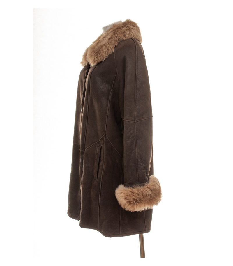 MADELEINE Damen Mantel Lammfellmantel Gr. 42 Leder Braun Einreiher – Foto 3