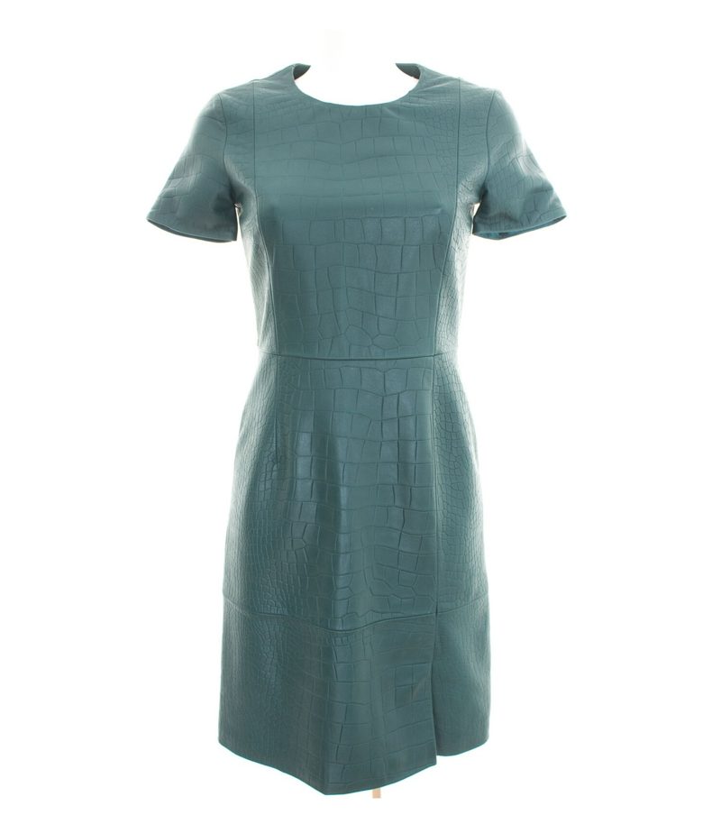 HUGO BOSS Damen Lederkleid Etuikleid Blaugrün Gr. DE 36 Leder NEU – Foto 1