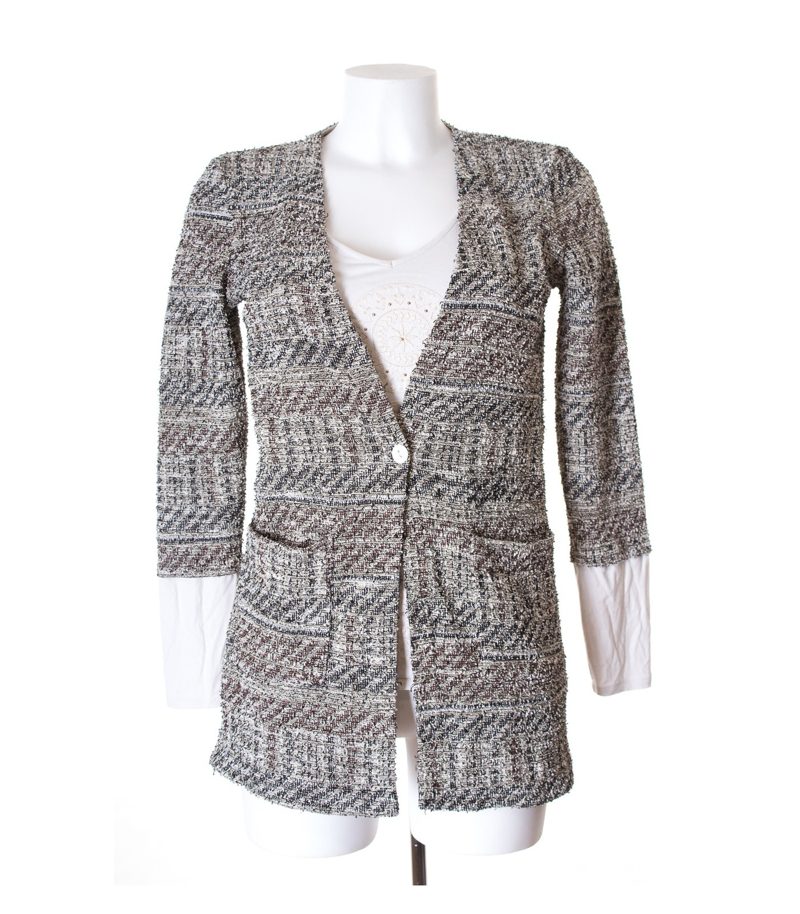Desigual Damen Strickjacke angenähtem Shirt Cardigan Bouclé Gr. S Strick – Foto 1