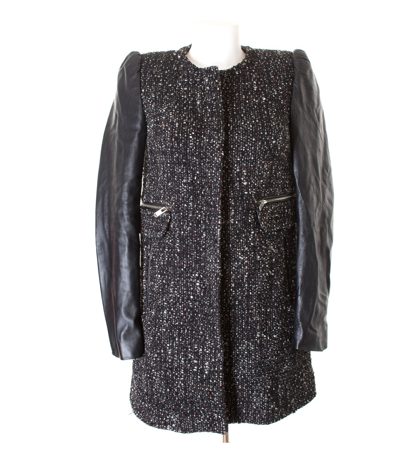 ZARA Damen WOMAN Mantel Gr. S Mehrfarbig Leder Wolle Alpaka Mohair Baumwolle